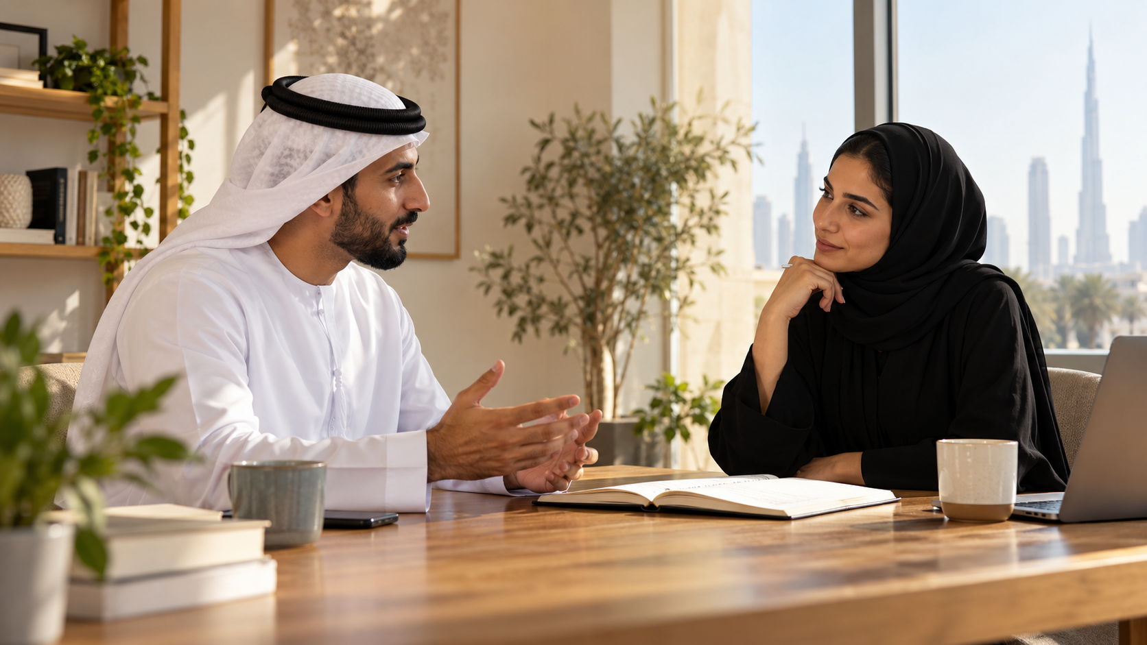 زميلان يتبادلان الحديث بهدوء أمام دفتر مفتوح في مكتب مضيء